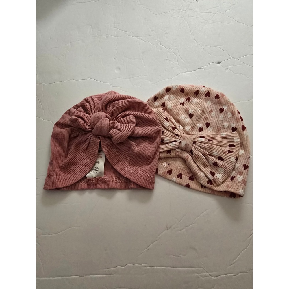 Catherine Malandrino Baby Girl Turban Beanie Hat Set Pink Heart Ribbed 0-9M